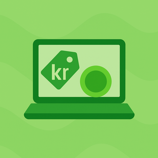 Illustration af laptop med prisskilt og mønt, der symboliserer prisen for at få bygget en Shopify webshop 2025