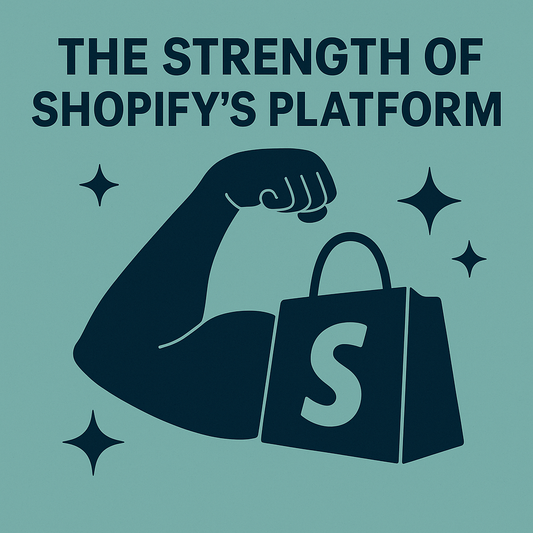 Illustration der fremhæver Shopify som en fleksibel og brugervenlig e-handelsplatform, der understøtter både små webshops, mellemstore forretninger og større B2B-løsninger. Billedet symboliserer styrke, pålidelighed og vækst med Shopify.