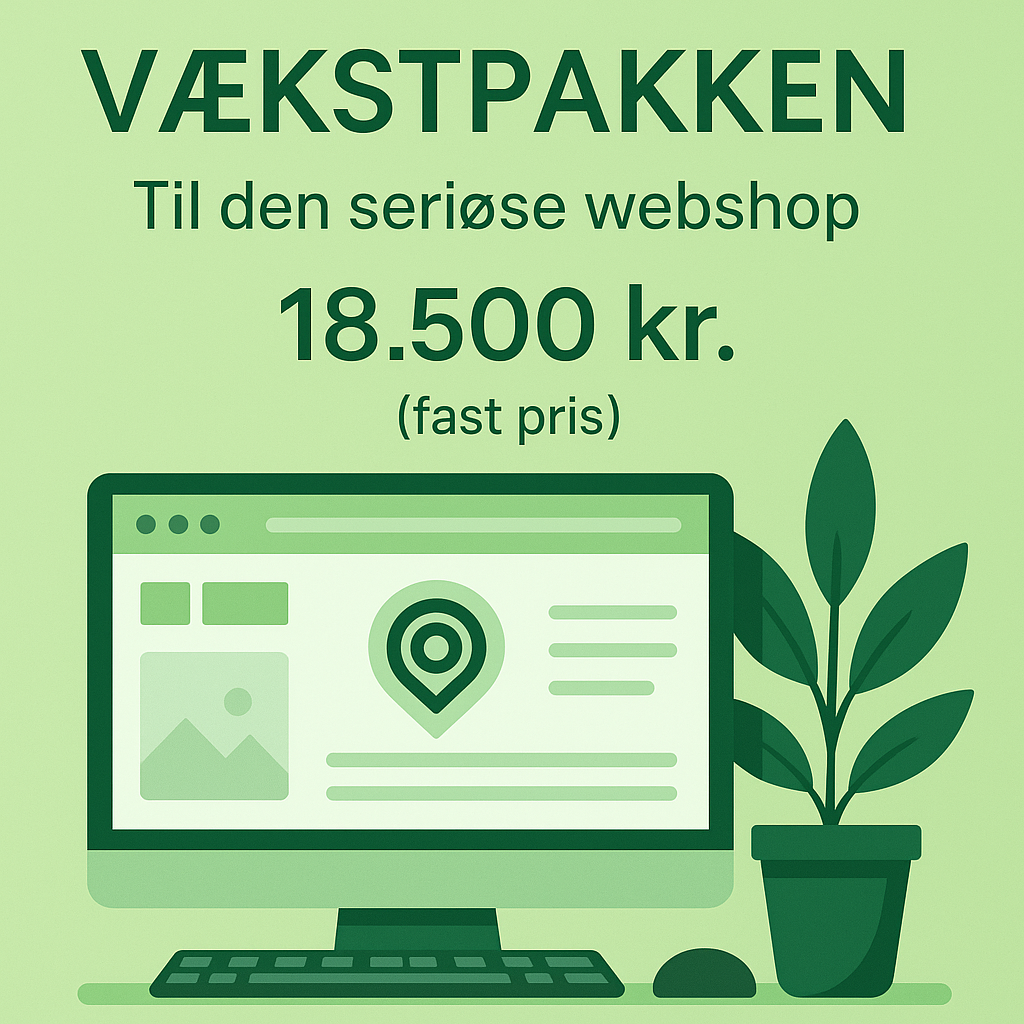 Illustration af laptop med vækstgraf og webshop-ikon, der symboliserer Vækstpakke til Shopify webshop – professionel opsætning, design og SEO for 18.500 kr.