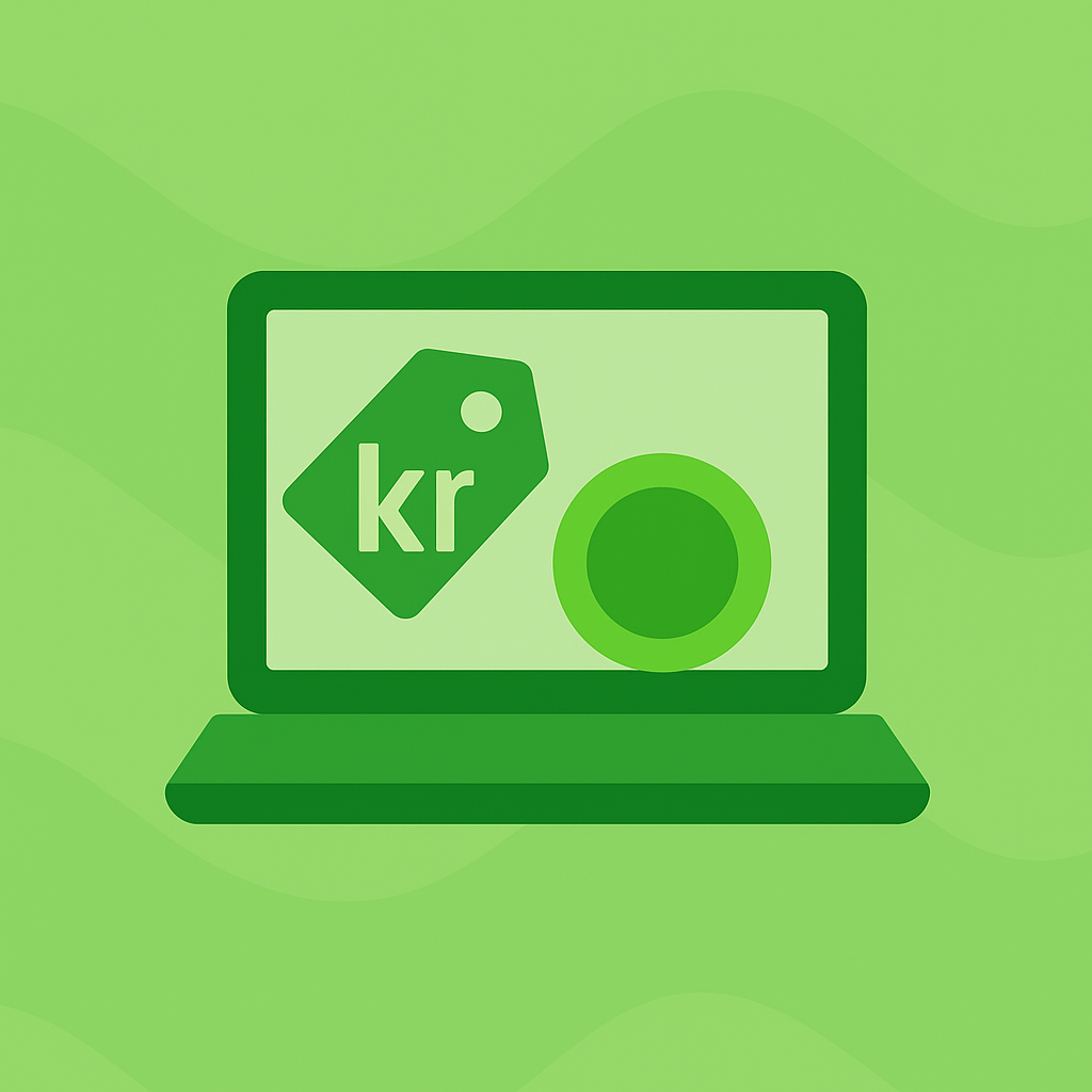 Illustration af laptop med prisskilt og mønt, der symboliserer prisen for at få bygget en Shopify webshop 2025