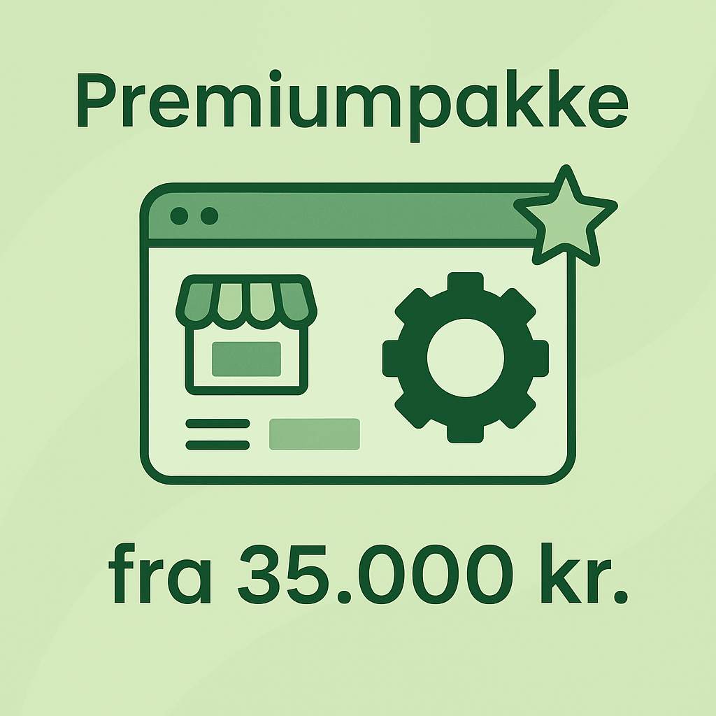 Illustration af laptop med gear og specialdesign-elementer, der symboliserer Premiumpakke til Shopify webshop – skræddersyet løsning med design, integrationer og SEO fra 35.000 kr.