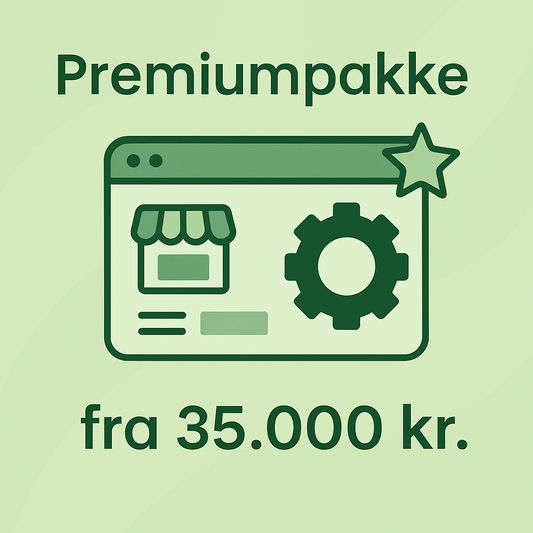 Illustration af laptop med gear og specialdesign-elementer, der symboliserer Premiumpakke til Shopify webshop – skræddersyet løsning med design, integrationer og SEO fra 35.000 kr.