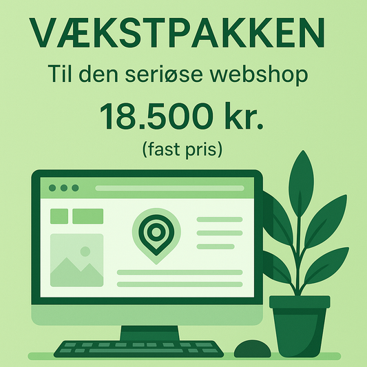 Illustration af laptop med vækstgraf og webshop-ikon, der symboliserer Vækstpakke til Shopify webshop – professionel opsætning, design og SEO for 18.500 kr.