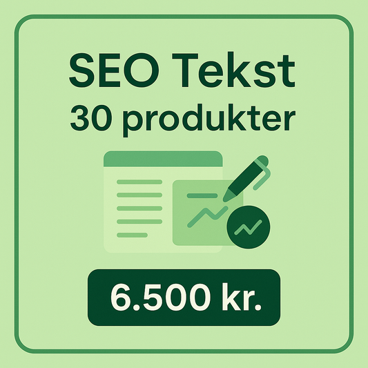 Illustration af dokument og blyant ved siden af en laptop, der symboliserer SEO tekstpakke til Shopify webshop – optimering af 30 produktbeskrivelser for 6.500 kr."