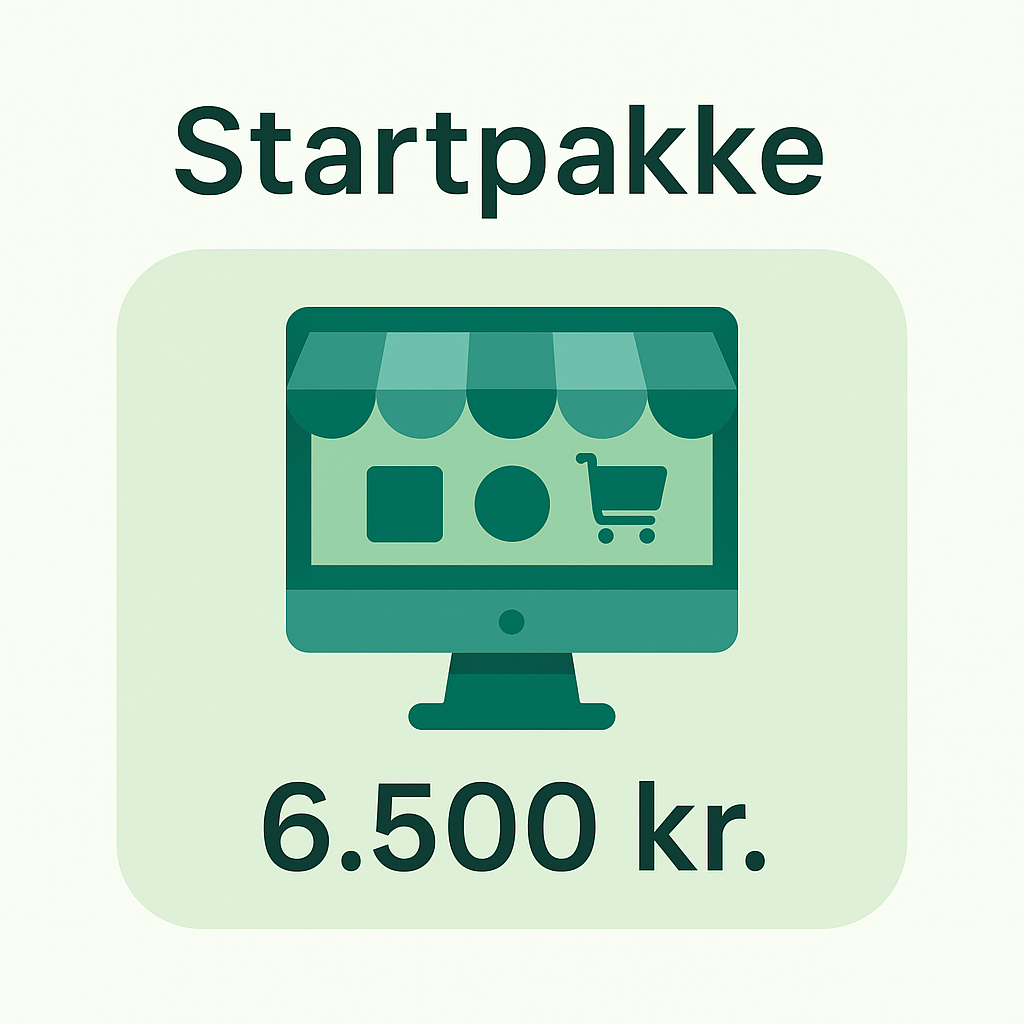 Illustration af en laptop med webshop-ikon og gear, der symboliserer Startpakke til Shopify webshop – komplet opsætning, design og SEO for 6.500 kr.